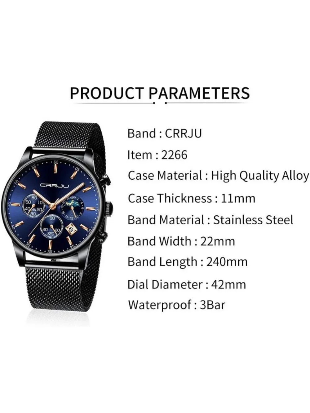 Men Black Blue Chronograph Waterproof Steel Quartz Mesh Strap Casual Round Watch